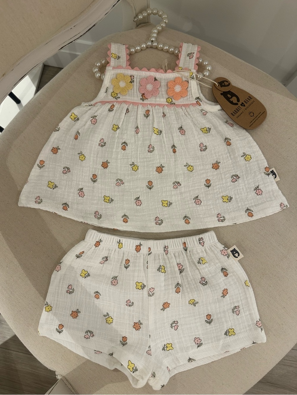 🦢 6~9 Mth Organic Cotton Floral Muslin Crochet Two Piece Baby Set NWT
